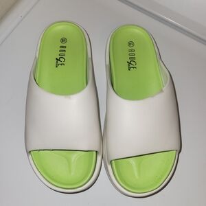 Rouge! White Slides with Bright Lime Green Footbeds